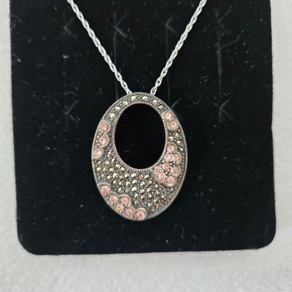 Marcasite & Crystal 17" Necklace Oval Pendant NF 925 Sterling Silver Thailand - Picture 4 of 10